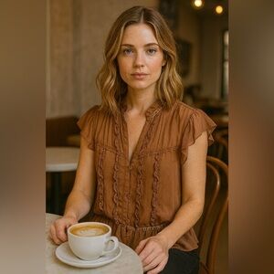 Vintage Silk Camisole and Ruffle Blouse Short Sleeve Set Chocolate Brown Size M 